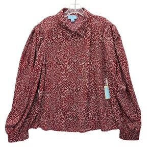 CeCe Blouse Womens 3X Plus‎ Autumn Hues Mulberry Red Floral Button Down Office